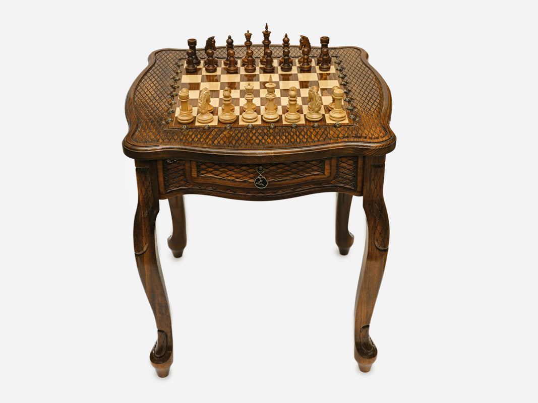 Luxurious chess table with carved ornaments, full view
