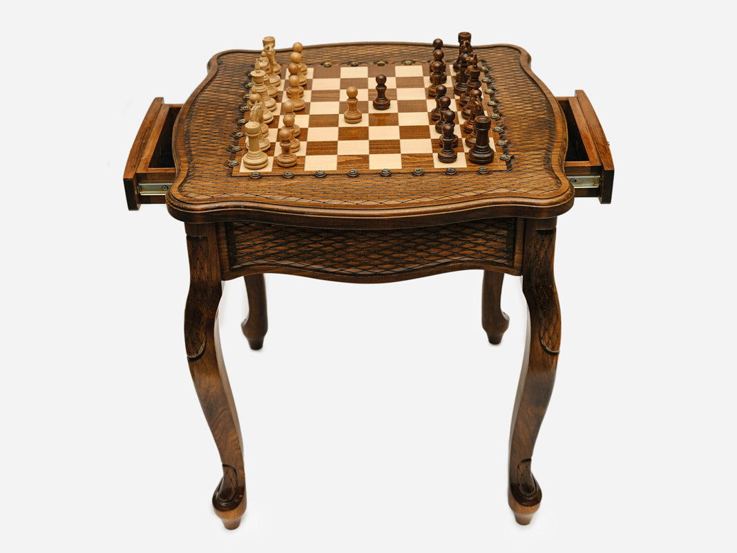 Chess table frame carving close-up