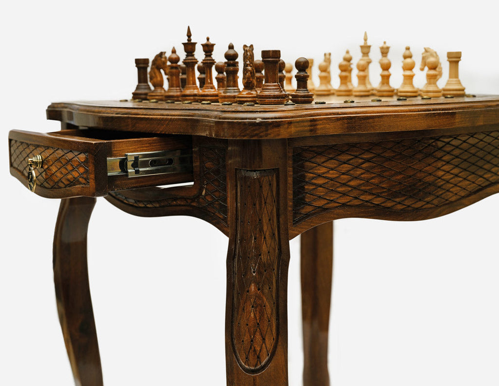 Chess table with carved ornaments, carving detail