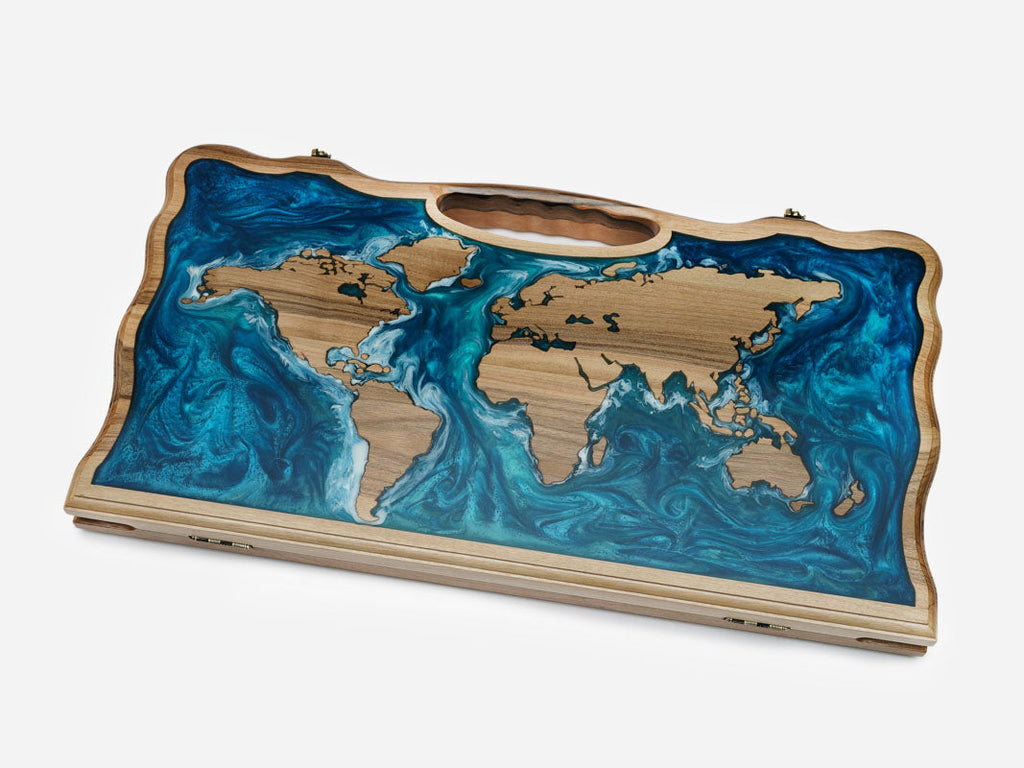 The world map epoxy backgammon board shown closed