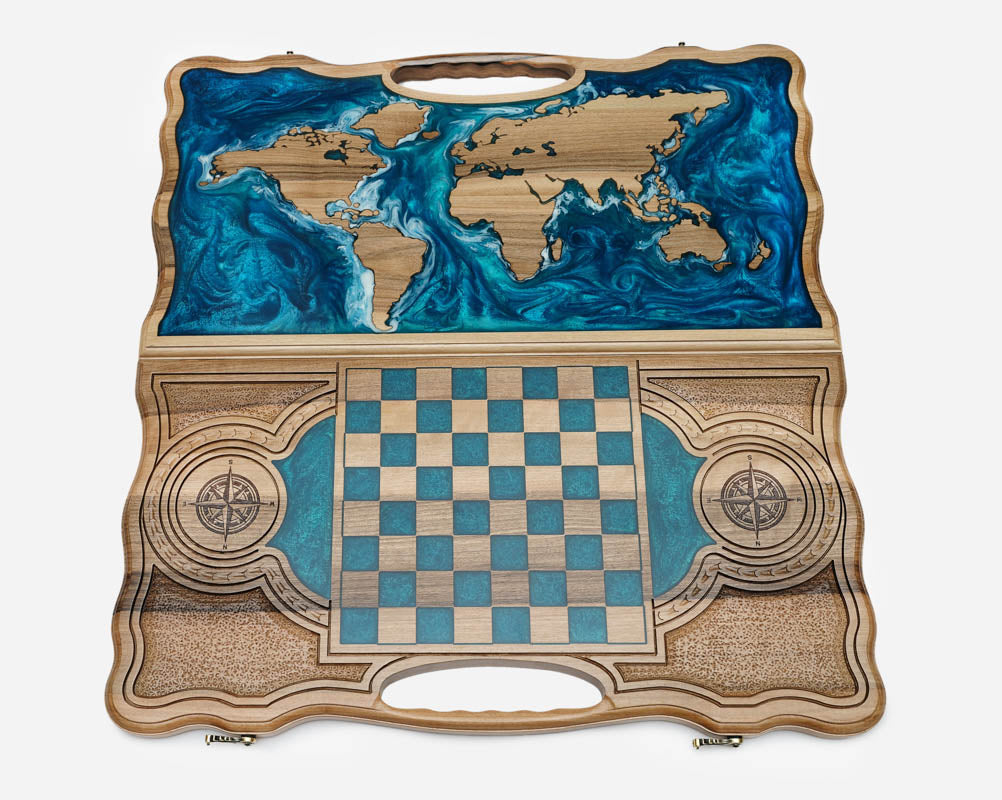 Overhead view of the world map backgammon board