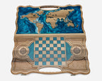 Overhead view of the world map backgammon board