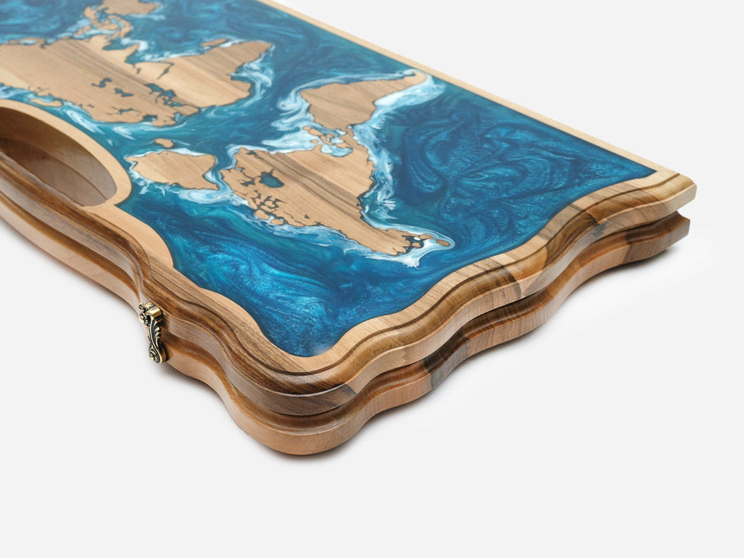 Detail of the blue and teal epoxy oceans