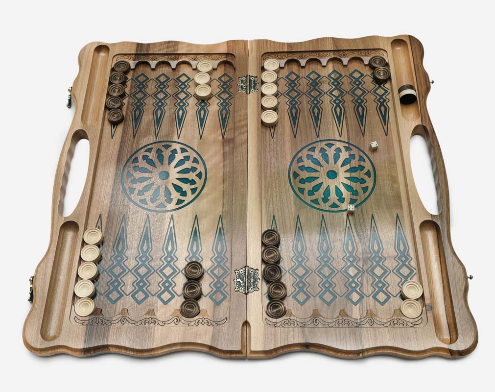 Close-up of the wooden continents and blue marbled epoxy oceans