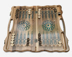 Close-up of the wooden continents and blue marbled epoxy oceans