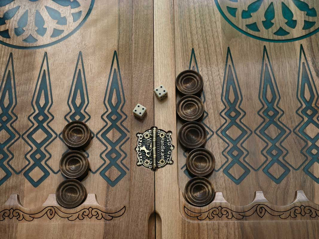 Angled view of the world map epoxy backgammon board