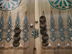 Angled view of the world map epoxy backgammon board