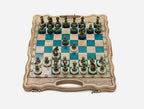Side view of the closed turquoise epoxy board on its bronze hinges
