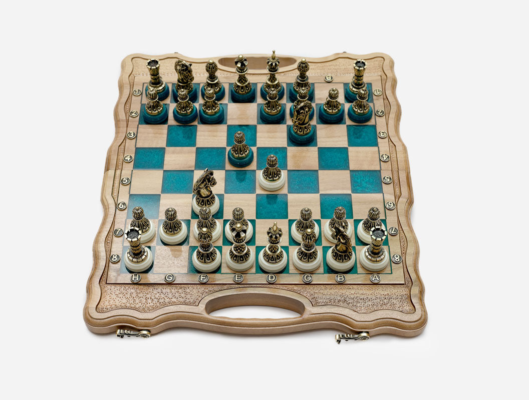 Side view of the closed turquoise epoxy board on its bronze hinges