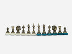 Close-up of the bronze knight and rook on the turquoise squares