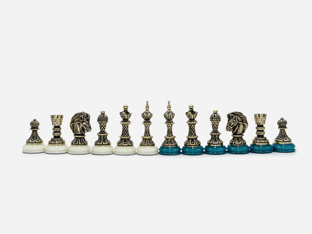 Close-up of the bronze knight and rook on the turquoise squares