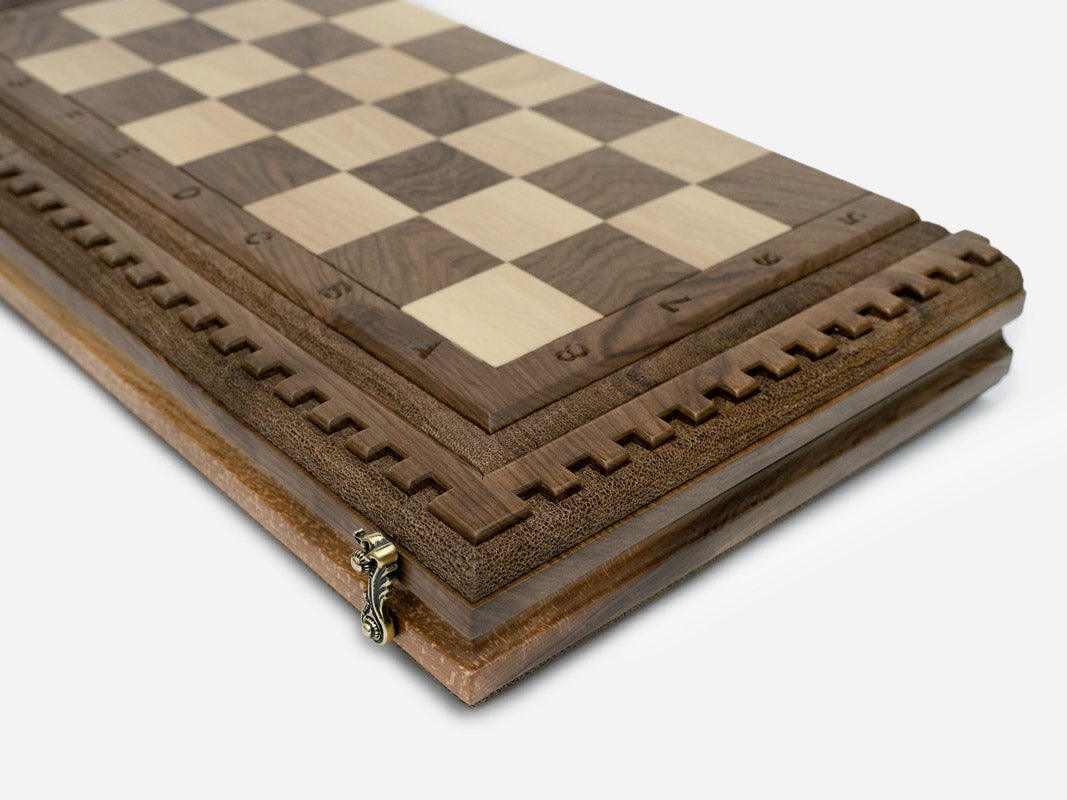 Lattice-carved walnut board, side view