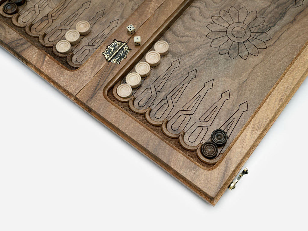 Walnut chess backgammon set with bronze hinges