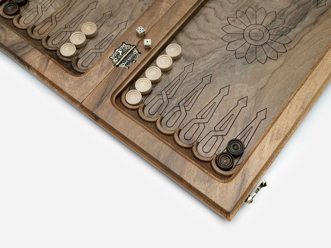 Walnut chess backgammon set with bronze hinges