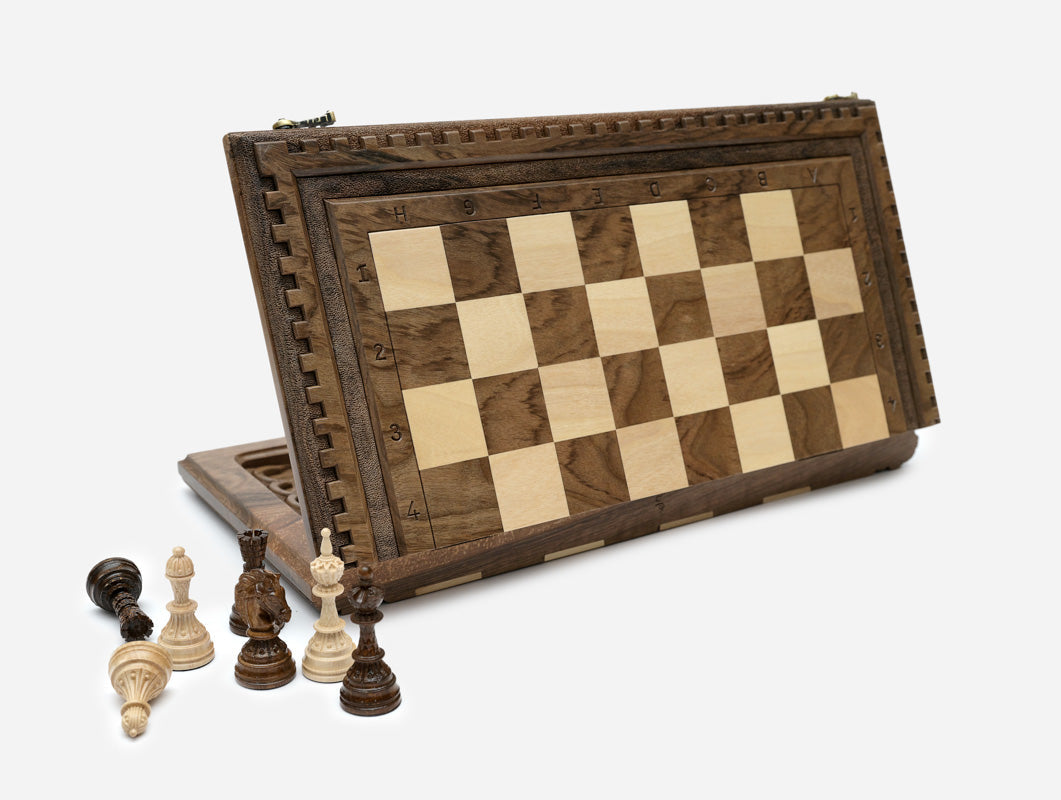 Full-size walnut chessboard with lattice border