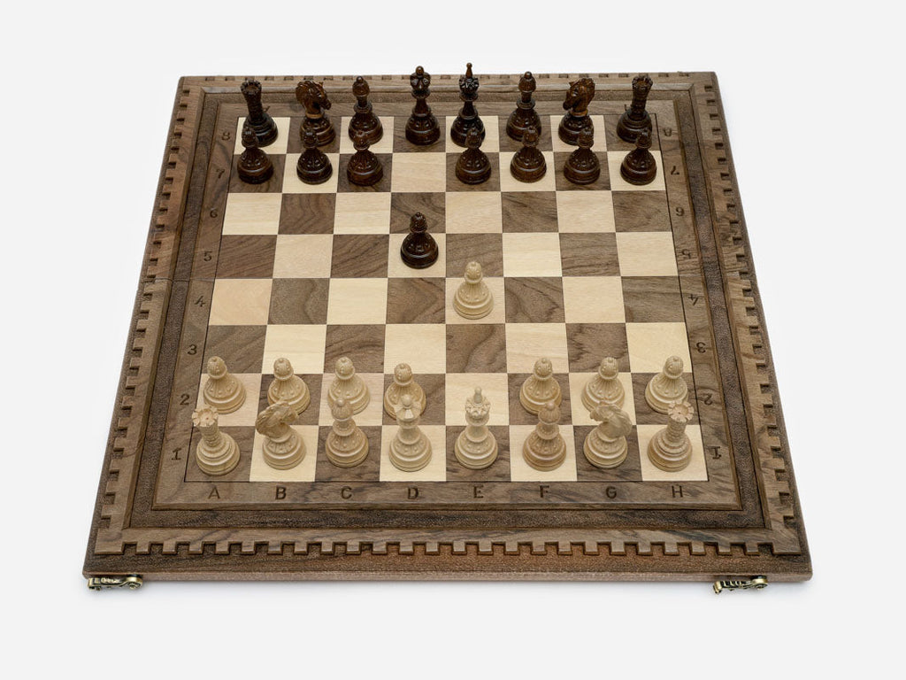 Luxury walnut chess backgammon set with hand-cut lattice