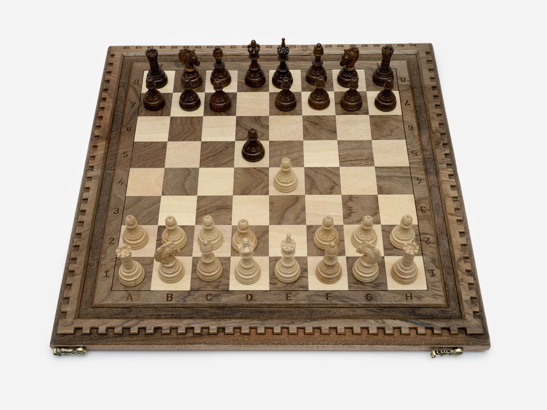 Luxury walnut chess backgammon set with hand-cut lattice