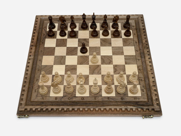 Luxury walnut chess backgammon set with hand-cut lattice