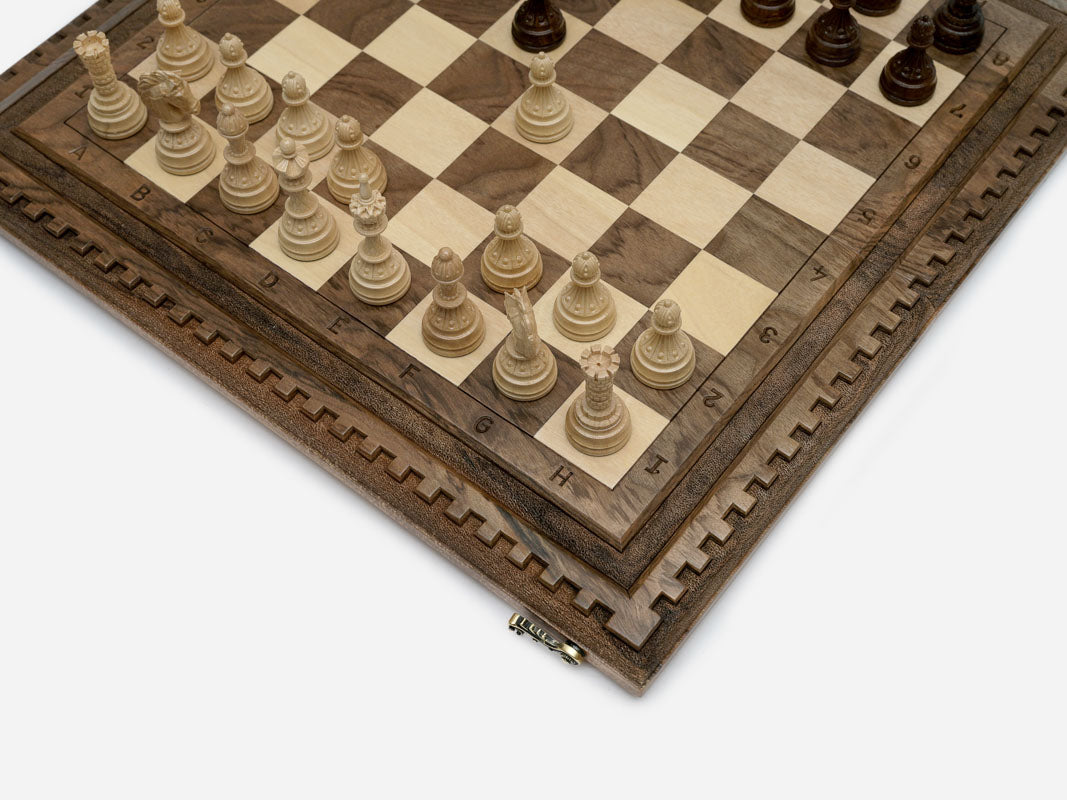 Lattice detail cut into the dark walnut frame