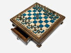 Blue epoxy chess set top-down view with the storage drawer open