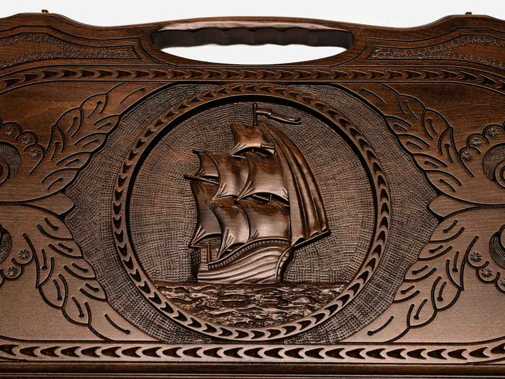 Close-up of the carved sailing ship