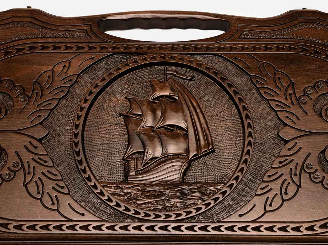 Close-up of the carved sailing ship