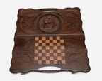Angled view of the sailing ship carved backgammon board