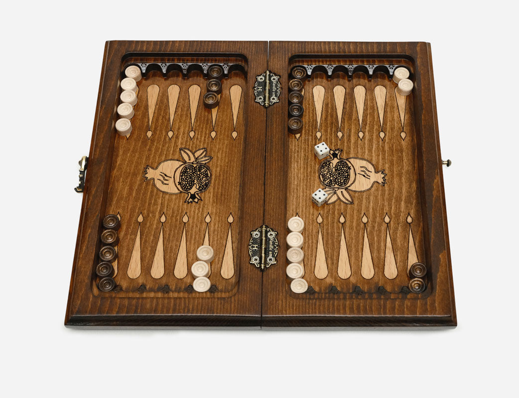 Pomegranate chess set - angled view of the carved frame