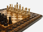 Carved pomegranate chess set - side view with bronze hardware