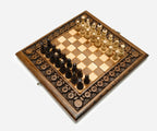 Travel chess set open with the backgammon playing field inside - 11.8 inch / 30 cm