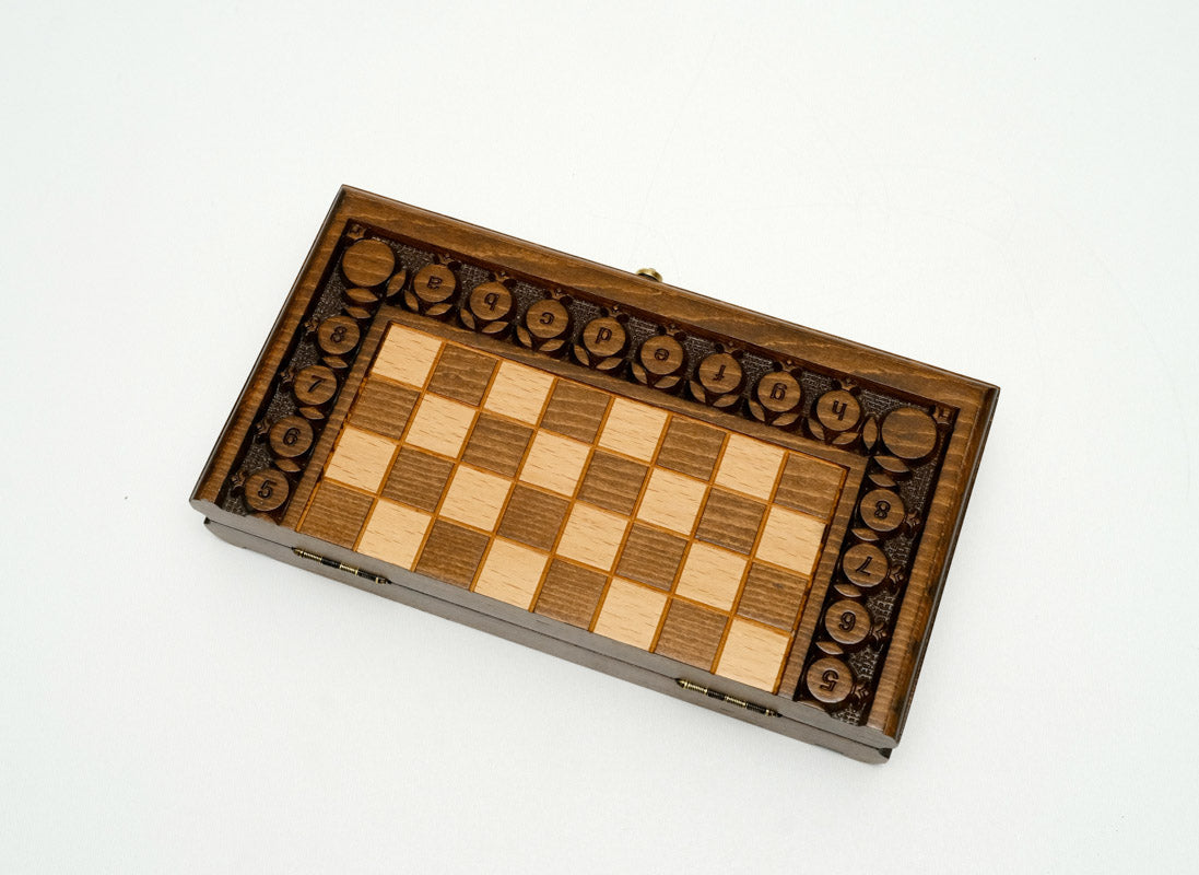 Pomegranate and grapevine chess set folded with bronze hinges and clasps