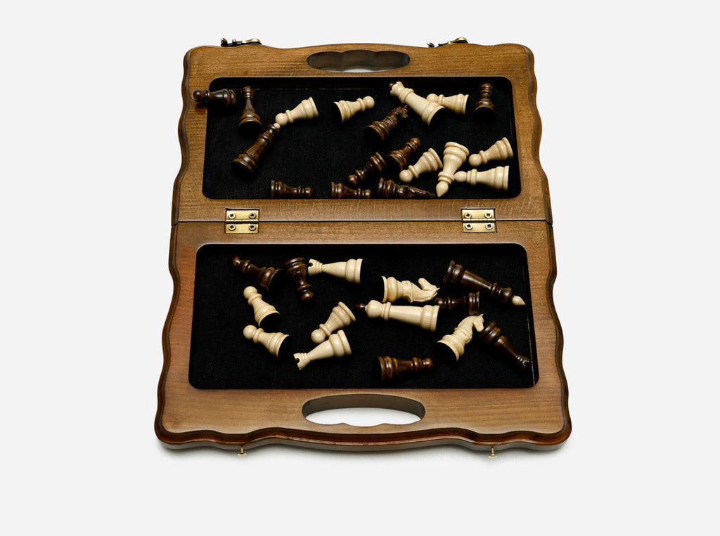 Handmade wooden chess set at 30 cm - full set laid out