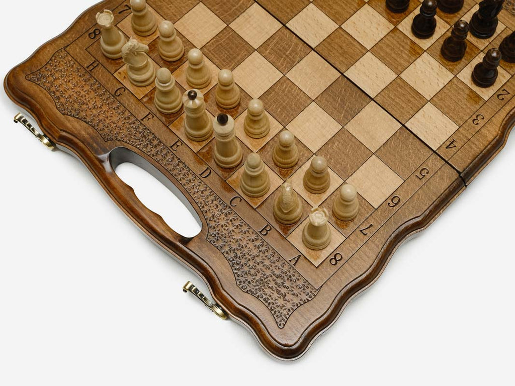 Handmade chess backgammon set with 32 pieces and 32 checkers
