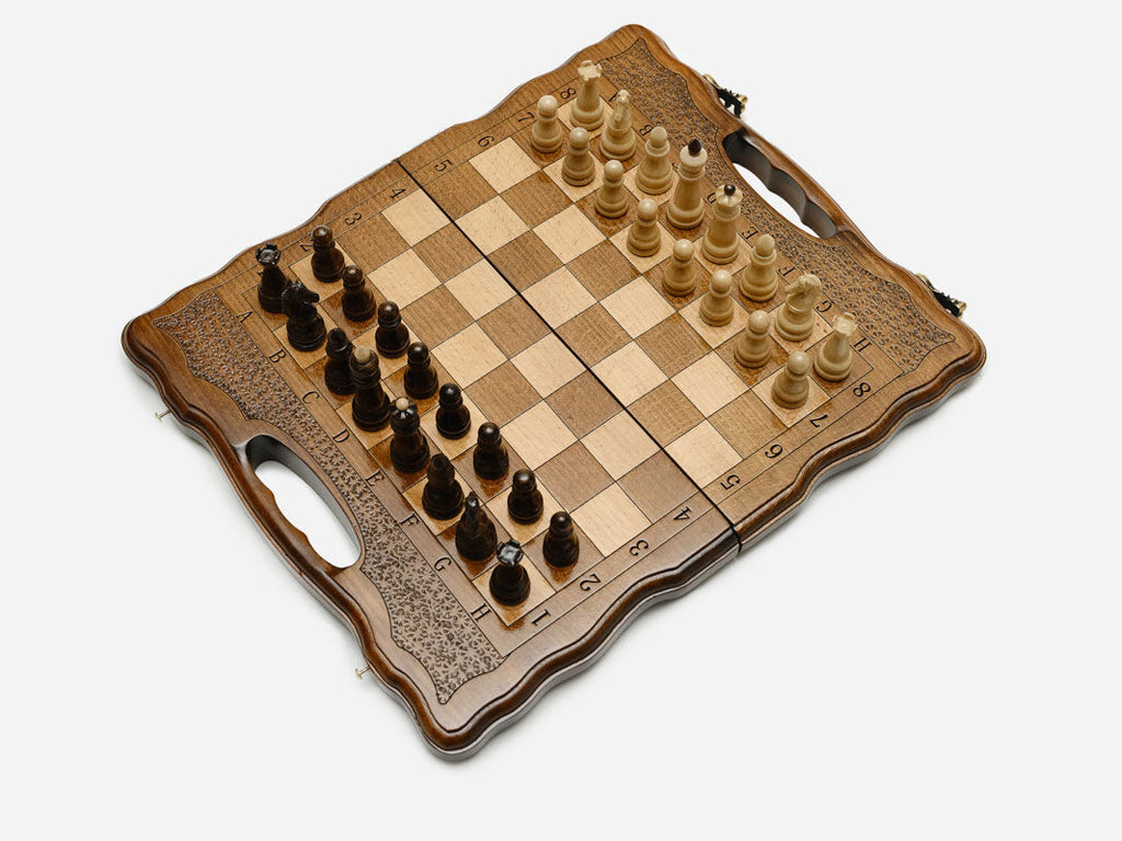 Chess set open with the backgammon playing field inside - 11.8 inch / 30 cm