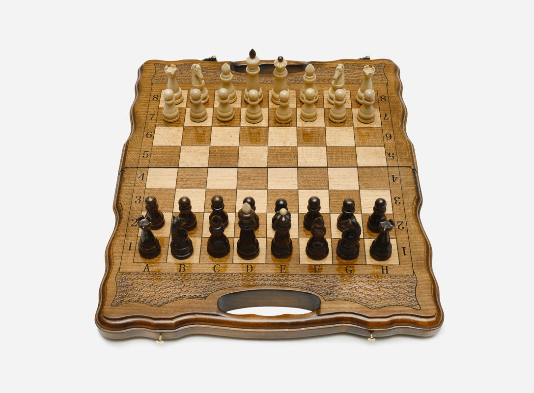 Classic hand-carved border on a compact chess board - detail