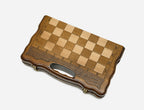 Compact classic chess and backgammon set folded with bronze hinges and clasps