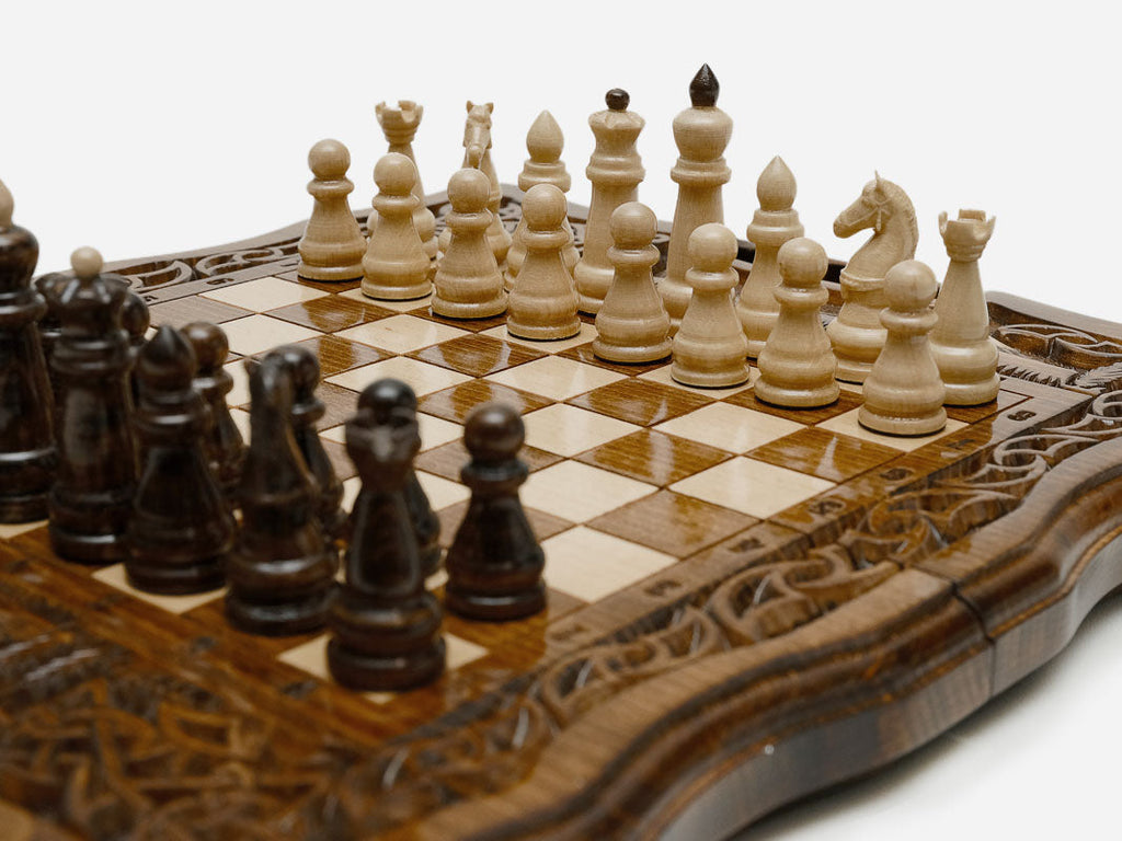 Chess set open with the backgammon playing field inside - 11.8 inch / 30 cm