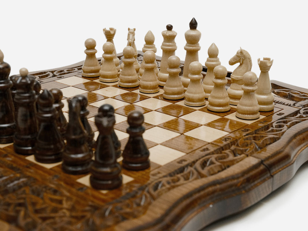 Chess set open with the backgammon playing field inside - 11.8 inch / 30 cm