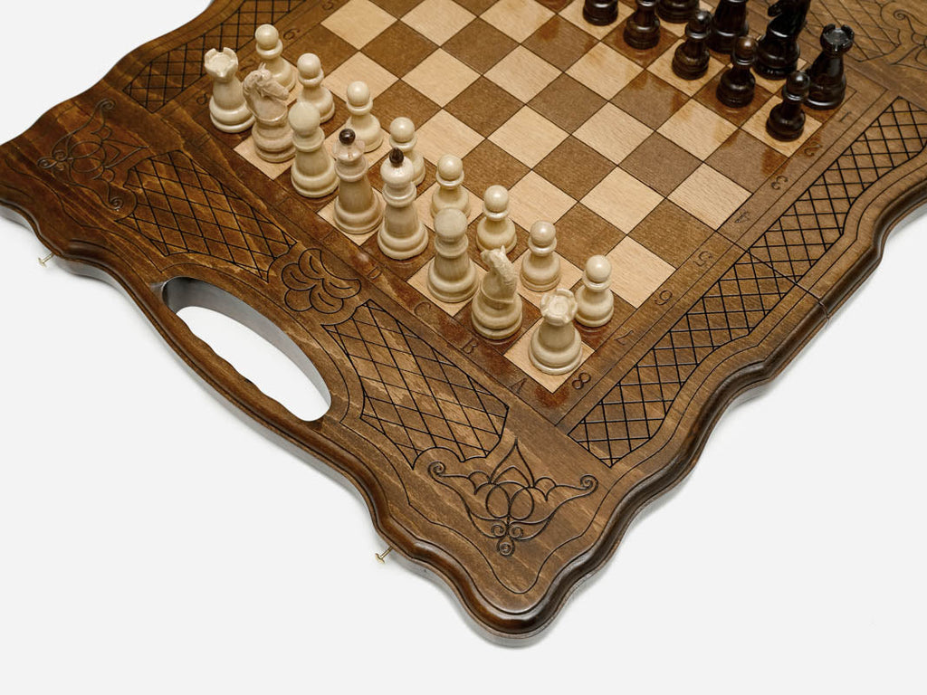 Handmade wooden chess set - side view with warm grain