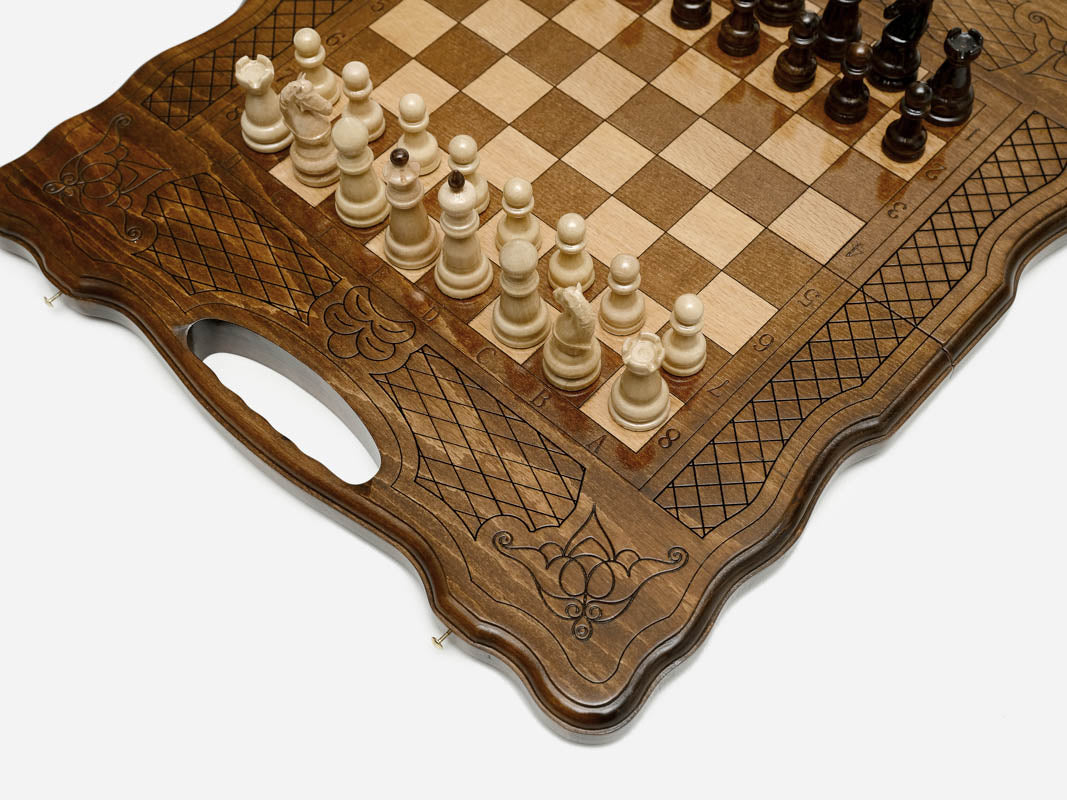 Handmade wooden chess set - side view with warm grain