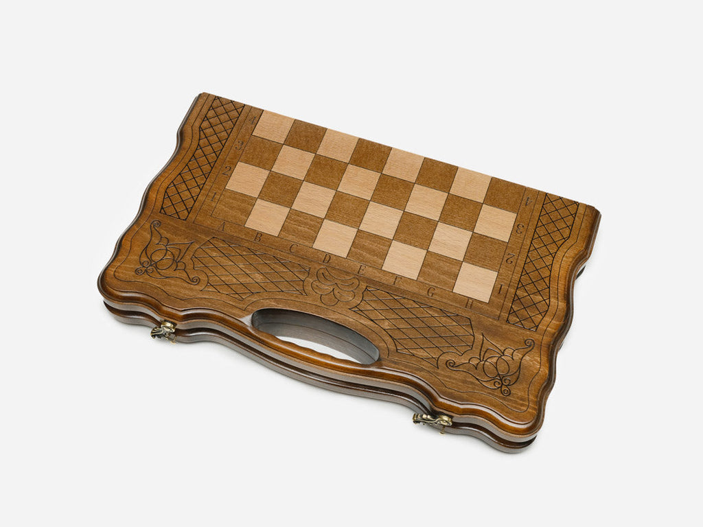 Classic chess and backgammon set folded with bronze hinges and clasps