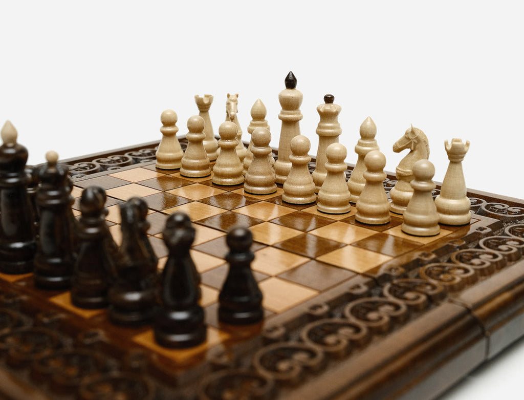 Compact wooden chess backgammon set, angled