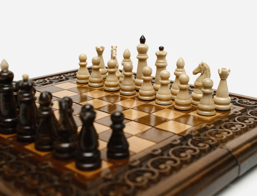 Compact wooden chess backgammon set, angled