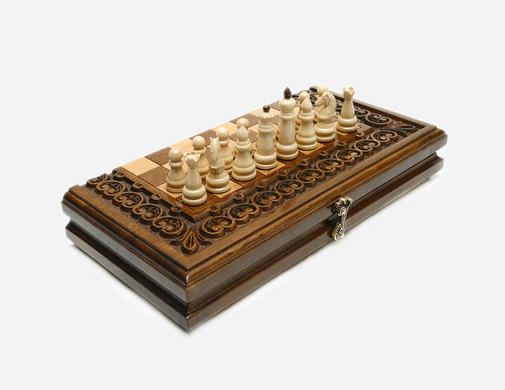 Handmade two-game board with ornament carving