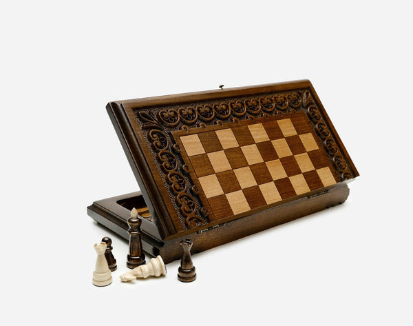 Chess backgammon set with carved ornaments