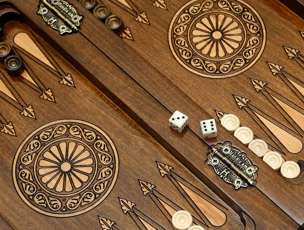 Wooden chess backgammon set, detail view