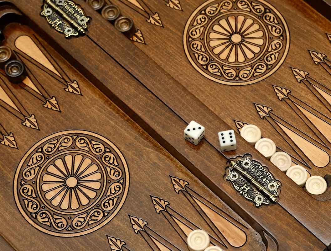 Wooden chess backgammon set, detail view