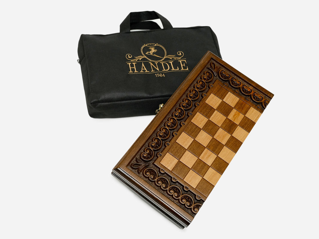 Compact carved games board, side view