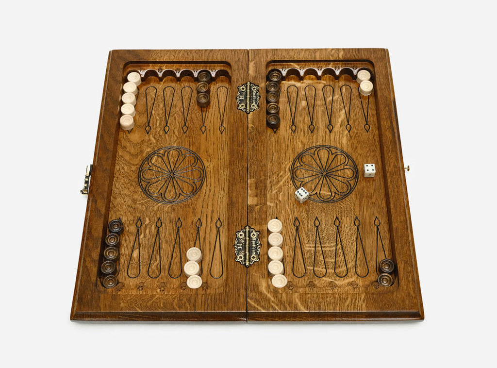 Ornament-carved travel chess set, angled view