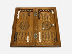 Ornament-carved travel chess set, angled view